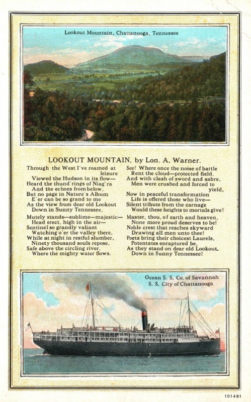 Vintage Postcard 1920's Lookout Mountain & Ocean SS Savannah Chattanooga Tenn.