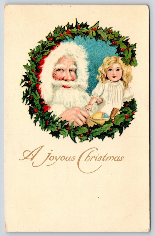 Christmas~Santa Face & Blonde Doll in Holly Berry Wreath~Gottschalk GEL Ser 2046 