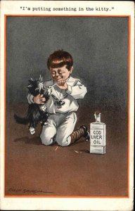 Fred Spurgin Boy Gives Cat Cod Liver Oil Quaint Kid Series c1910 Postcard