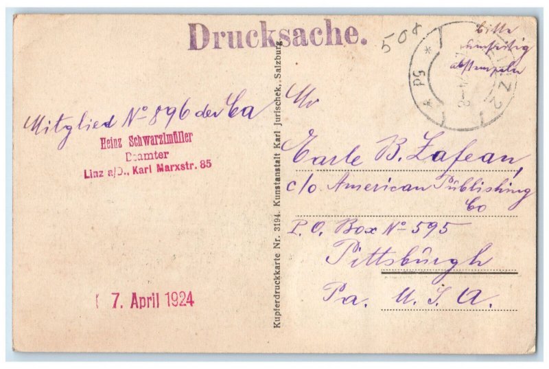 1924 Hohensalzburg Castle Salzburg Austria Heinz Schwarzlmuller Stamp Postcard 