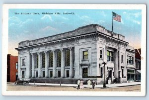 Michigan City Indiana IN Postcard The Citizens Bank Building Exterior c1920 Flag