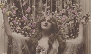 British Beauty Real Photograph Giant Pagan Hair Flowers Old Postcard