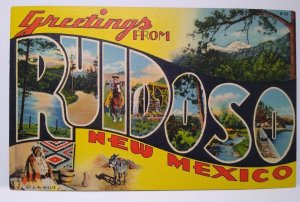 Greetings From Ruidoso New Mexico Large Letter Linen Postcard Donkey Mountains