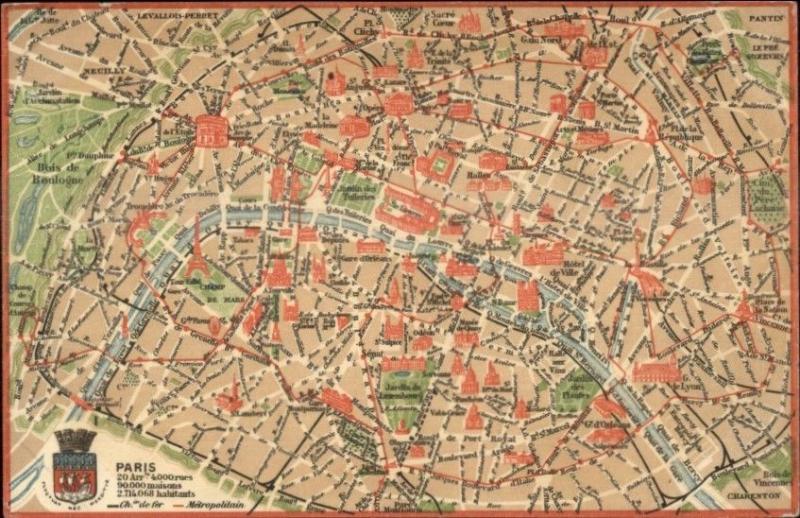 Paris - Colorful Map c1915 Postcard