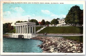 VINTAGE POSTCARD PORTICO OVER PLYMOUTH ROCK AND PLYMOUTH ROCK HOUSE MASS [rear]