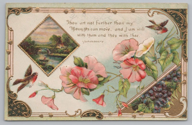 Animal~Bridge Across River~Birds Fly Among Flowers~Vintage Postcard