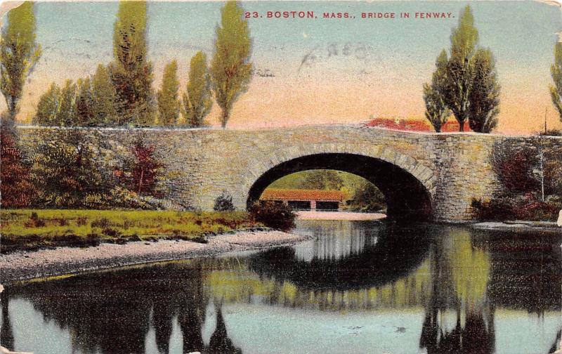 BOSTON MASSACHUSETTS STONE ARCH BRIDGE IN FENWAY POSTCARD 1910