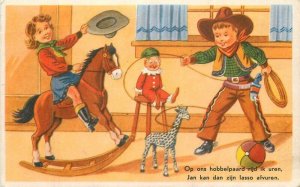 1950s Children Cowboy Costume toys rocking horse comic humor Postcard 22-7451