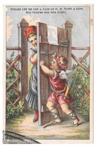 Victorian Trade Card D M Yost & Co Kid Gloves Cherub barring Lady