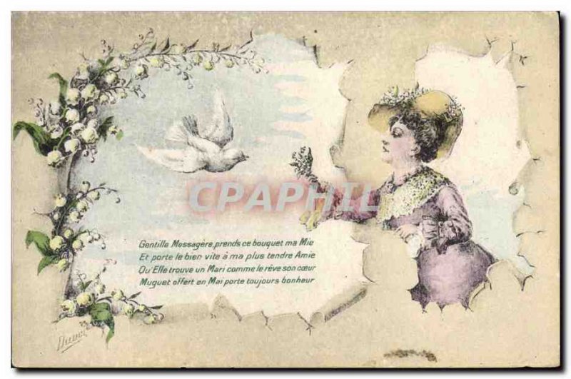 Old Postcard Fantasy Illustrator Woman Dove