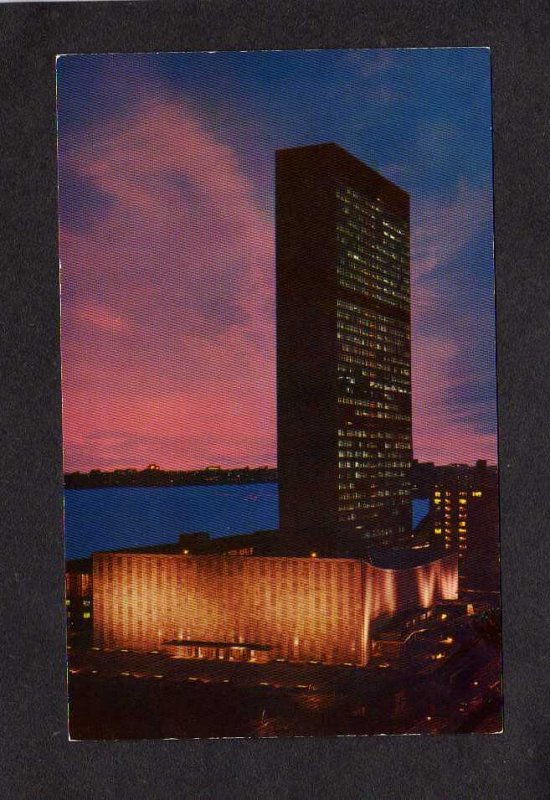 NY UN United Nations Bldg Night View Manhattan River New York City Postcard