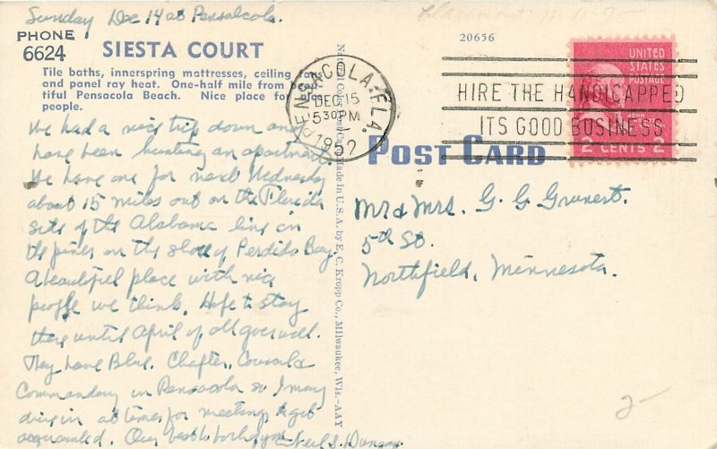 1952 Florida Pensacola Beach roadside Kropp linen Postcard 22-11696 