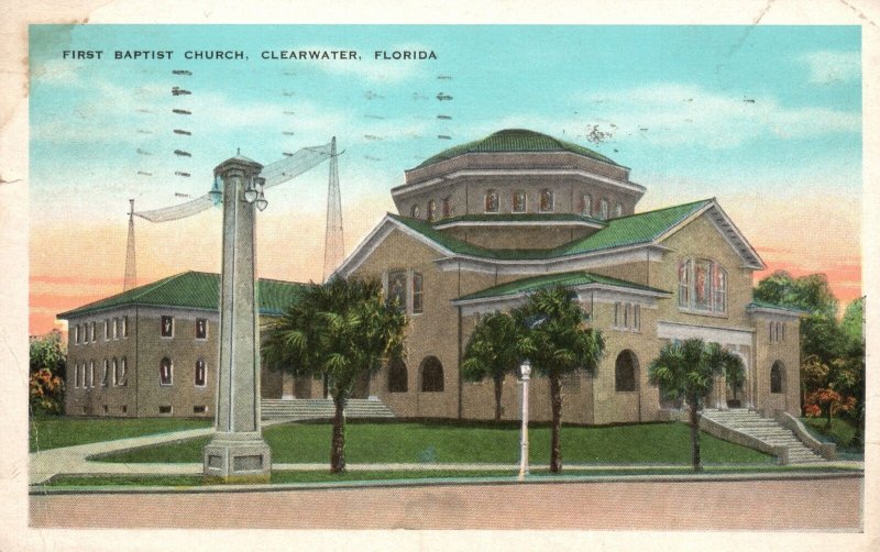 Clearwater Florida, 1936 First Baptist Church Bluff Gulf Mexico Vintage Postcard