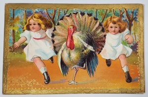 Thanksgiving Girls Chasing Large Turkey 1909 Medina NY to Brooklyn Postcard X9