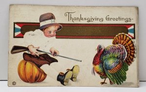 Thanksgiving Greetings Young Boy Aiming for  Bird Turkey Embossed Postcard B11