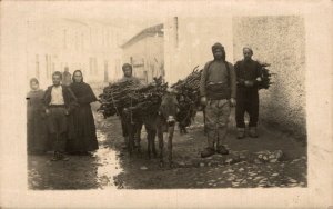 Macedonia Street Scene Donkey Carries Wood Vintage RPPC 08.44