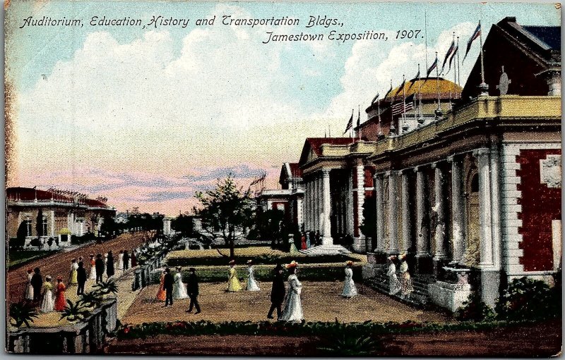 1907 JAMESTOWN EXPOSITION AUDITORIUM EDUCATION HISTORY TRANS BLD POSTCARD 29-191 