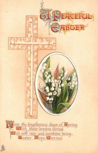 Vintage Postcard 1910's A Peaceful Happy Easter Greetings White Flowers & Cross