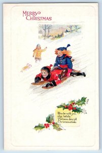 Christmas Postcard Children Sledding On Winter Holly Berries Embossed c1910's