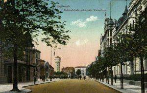 poland, KATTOWITZ KATOWICE, Bahnhofstrasse mit neuem Wasserturm (1910s) Postcard