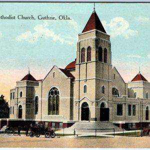 c1910s Guthrie, IA First Methodist Church Postcard Early Cars Litho Photo A71