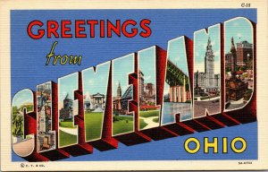 Vtg 1930's Greetings From Cleveland Ohio OH Large Letter Linen Postcard Unused