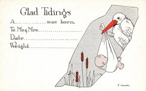 Stork Announcements Glad Tidings Birth Baby Carried By Stork Vintage Postcard