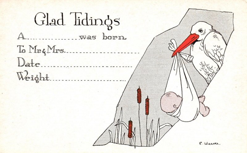 Stork Announcements Glad Tidings Birth Baby Carried By Stork Vintage Postcard