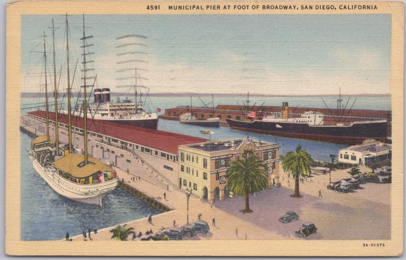 San Diego, Cal., Municipal Pier at foot of Broadway-Steamships & Sail boats-1945