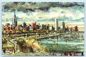 CHICAGO, Illinois IL ~ Artist Bora Yovanovich LAKE FRONT SKYLINE 4x6 Postcard