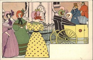 Art Deco Women Bonnets Colorful Dresses Carriage ARTIST? c1900 Postcard