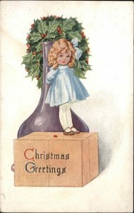 Christmas Exaggeration Little Girl on Giant Present Large Vase c1910 Postcard