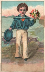 1880s-90s Young Boy in Sailor Attire Flowers Unrivaled Baking Powder Trade Card