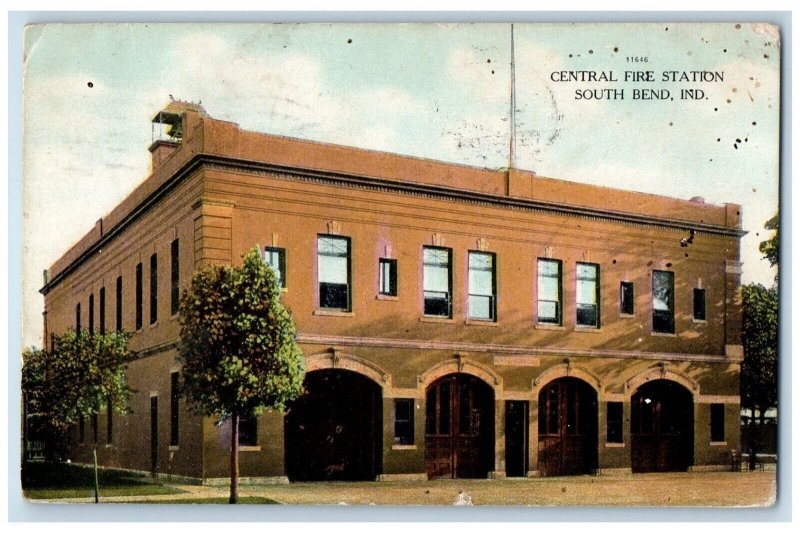 South Bend Indiana IN Postcard Central Fire Station Scene Street 1909 Antique