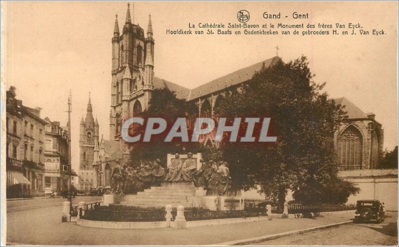 Old Postcard Ghent Gent La Cathedrale Saint Babon and the Monument of the bro...