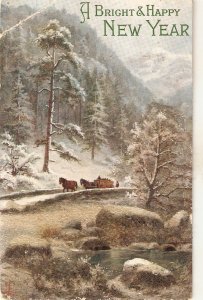 Winter landscape. Horse Cart on bridge Tuck Oilette New Year reetings PC #9567