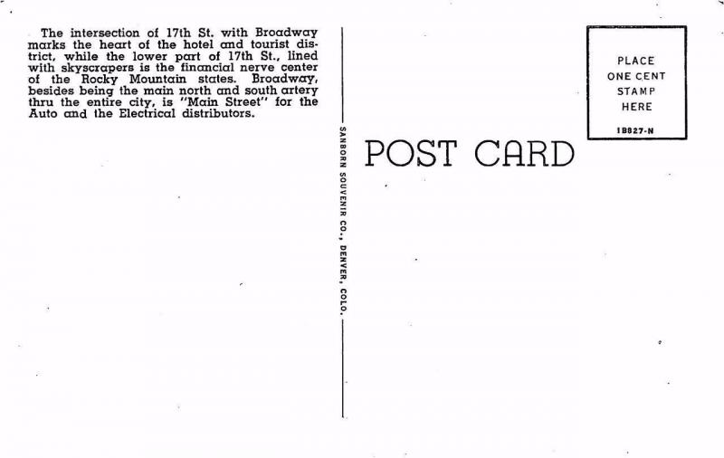 DENVER, CO  Colorado   SEVENTEENTH ST & BROADWAY Brown Palace   c1940's Postcard