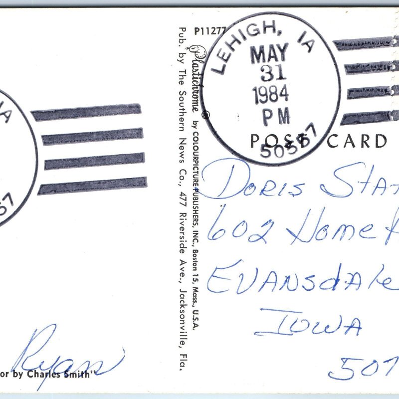 1984 Lehigh, IA Post Office Cancel Postcard Town USPO Postal History A267