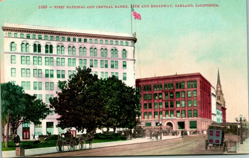 Vtg Postcard First National & Central Banks 14th and Broadway Oakland CA