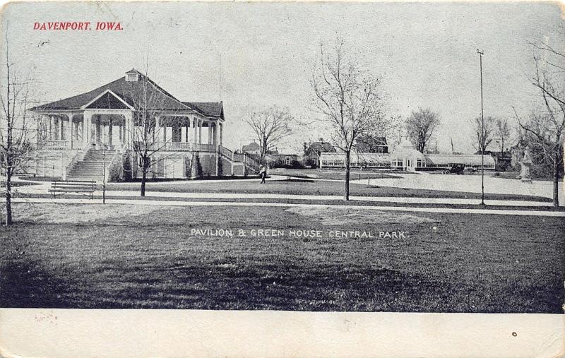 Davenport Iowa~Central Park-Pavilion & Green House~Man on Lawn~1911 Postcard