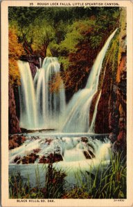 Vtg 1930s Rough Lock Falls Little Spearfish Canyon Black Hills SD Linen Postcard