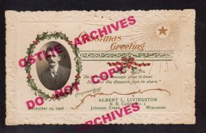 Johnson Creek WISCONSIN 1906 RFD US MAIL Mailman CHRISTMAS CARD Post Office KB