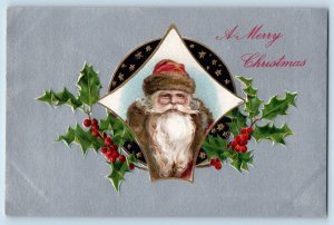 Christmas Postcard Santa Claus Brown Robe Holly Berries Winsch Back Embossed