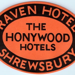 c1920s-30s Shrewsbury, England Luggage Label Raven Hotel Honywood UK Decal C41