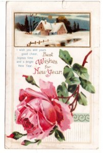 Best Wishes For New Year, Rose, Winter Scene, 1913 International Art Postcard