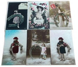 New Year luck horseshoe related lot of 6 vintage greetings postcards France 