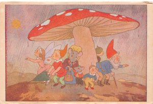Fantasy Fairy Elf Humanized Mouse Hide from Rain under Mushroom postcard B993