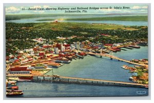 Vintage 1940's Postcard Highway & Railroad Bridges St Johns River Jacksonville