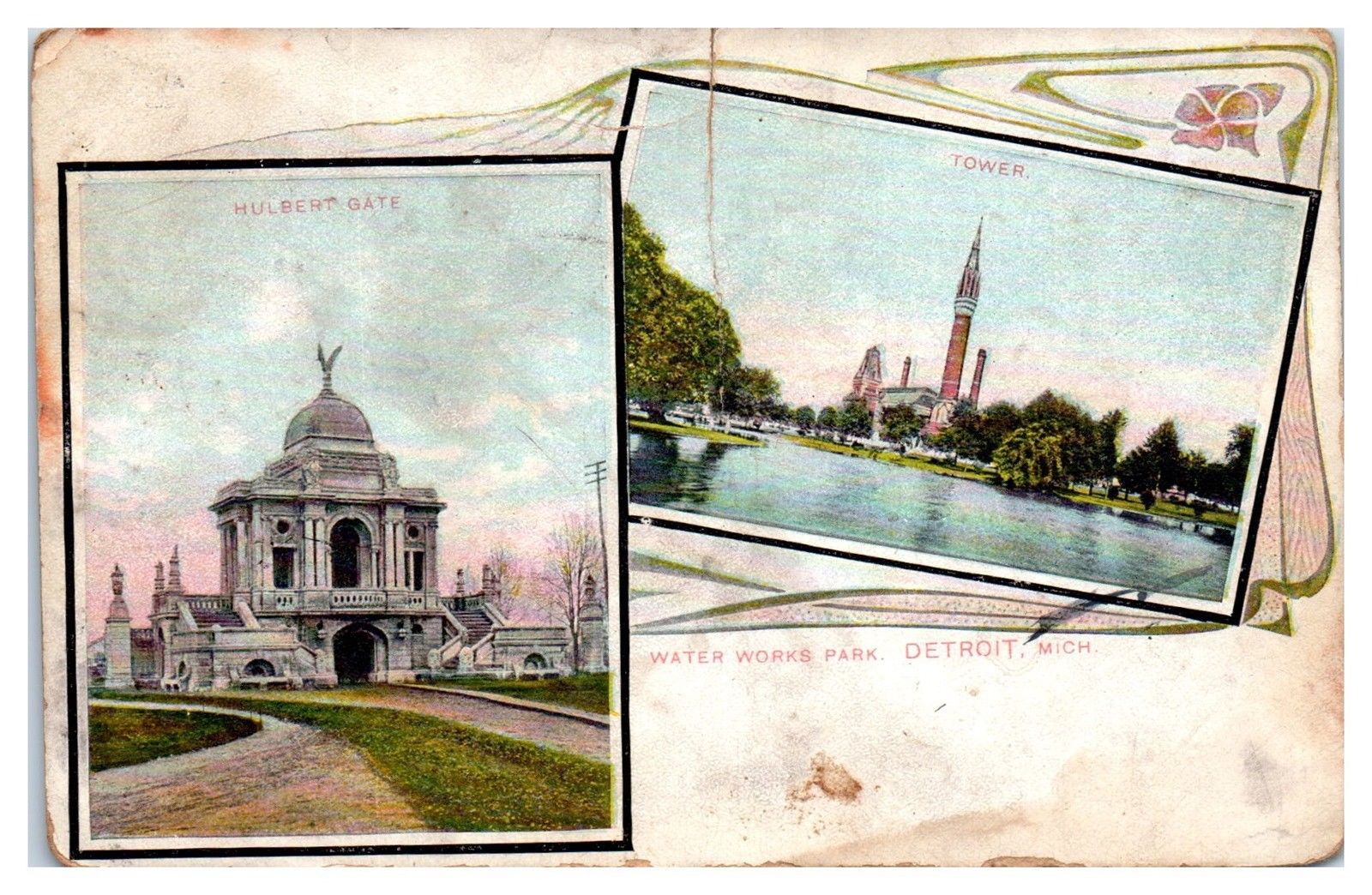 1910 Hulbert Gate and Tower, Water Works Park, Detroit, MI Postcard