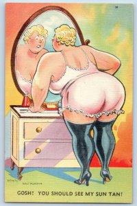 Walt Munson Signed Postcard Humor Fat Woman Mirror You Should See My Sun Tan